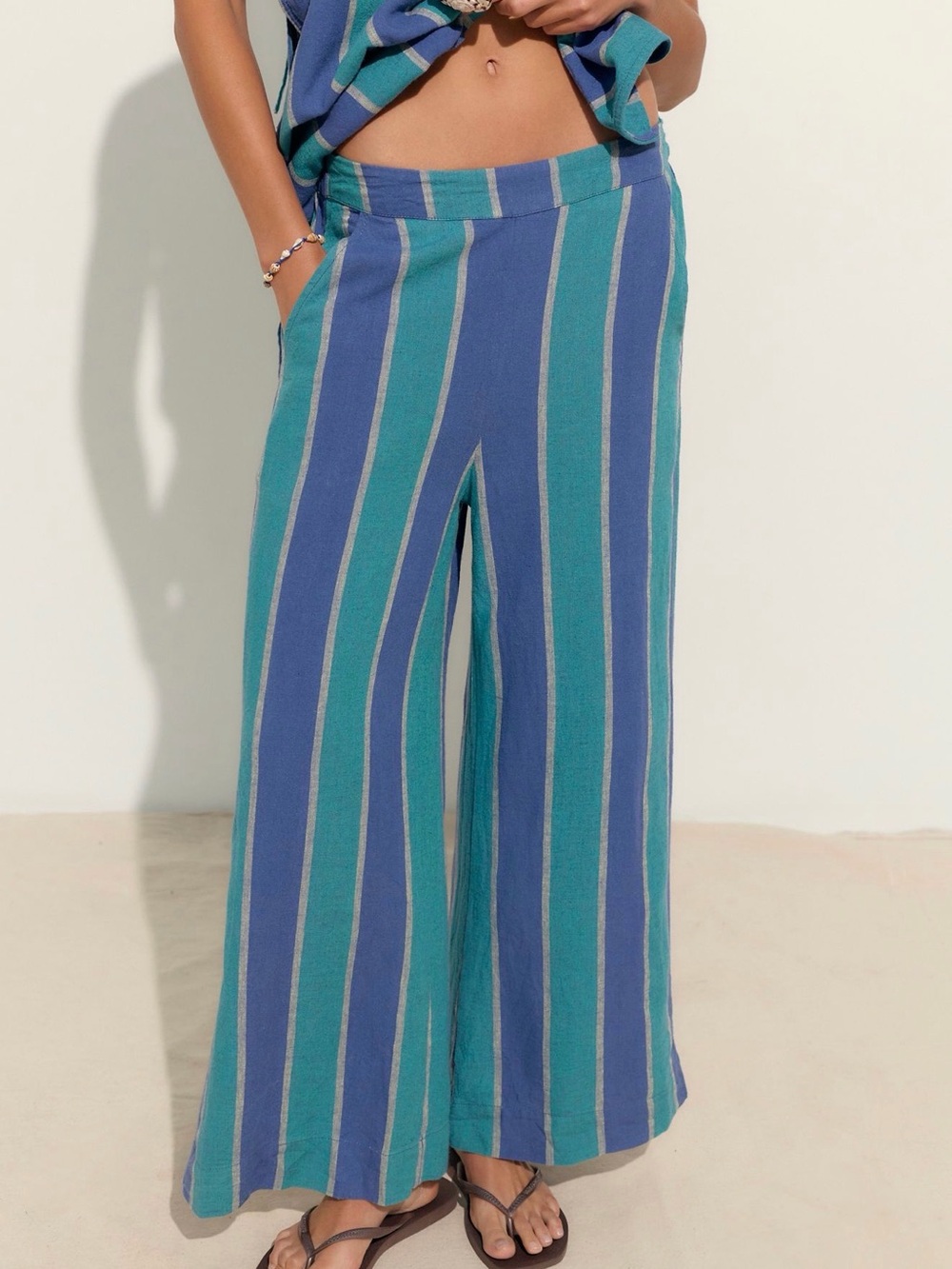 Free People Blue & Teal Vertical-Stripe Wide-Leg Pants